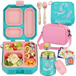 Bento Lunch Box for Kids with 12oz Soup Thermo Leak-Proof Lunch Food Container with 5 Compartment Thermo Hot Food Jar and Insulated Lunch Bag for Kid Toddler Girls Boys to School (Green - Mermaid)