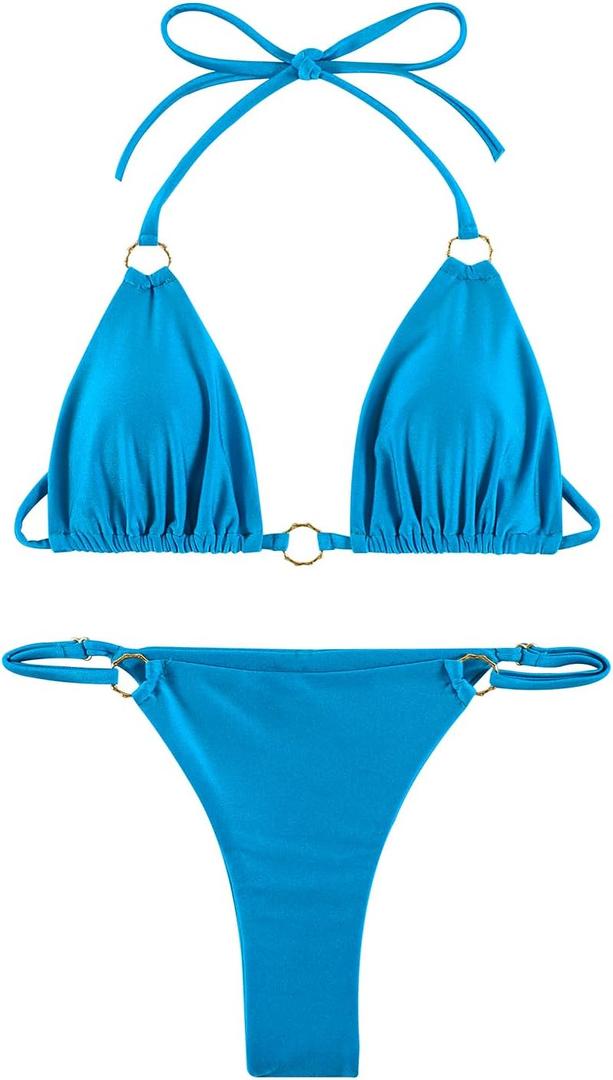 Women Bikini Set Two Piece Swimsuit Sexy Thong Bathing Suit Halter Triangle Tops Cheeky Bikini (Medium, Blue)