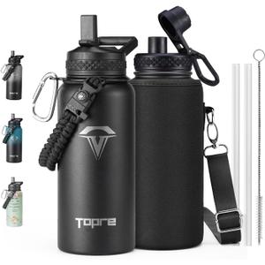 32oz Insulated Water Bottle,Stainless Steel Vacuum Water Bottle, BPA-Free & Leakproof -with Paracord Handle,Strap,Straw Spout Lids,Large Water Jug for Gym Sports (Black)