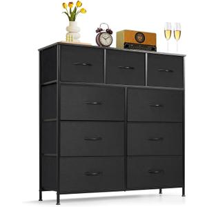 9-Drawer Dresser for Bedroom, Anti-Tip Tall Storage Organizer Chest of Drawers with Wooden Top and Metal Frame Fabric Bins for Closet, Living Room, Hallway, Entryway, Black