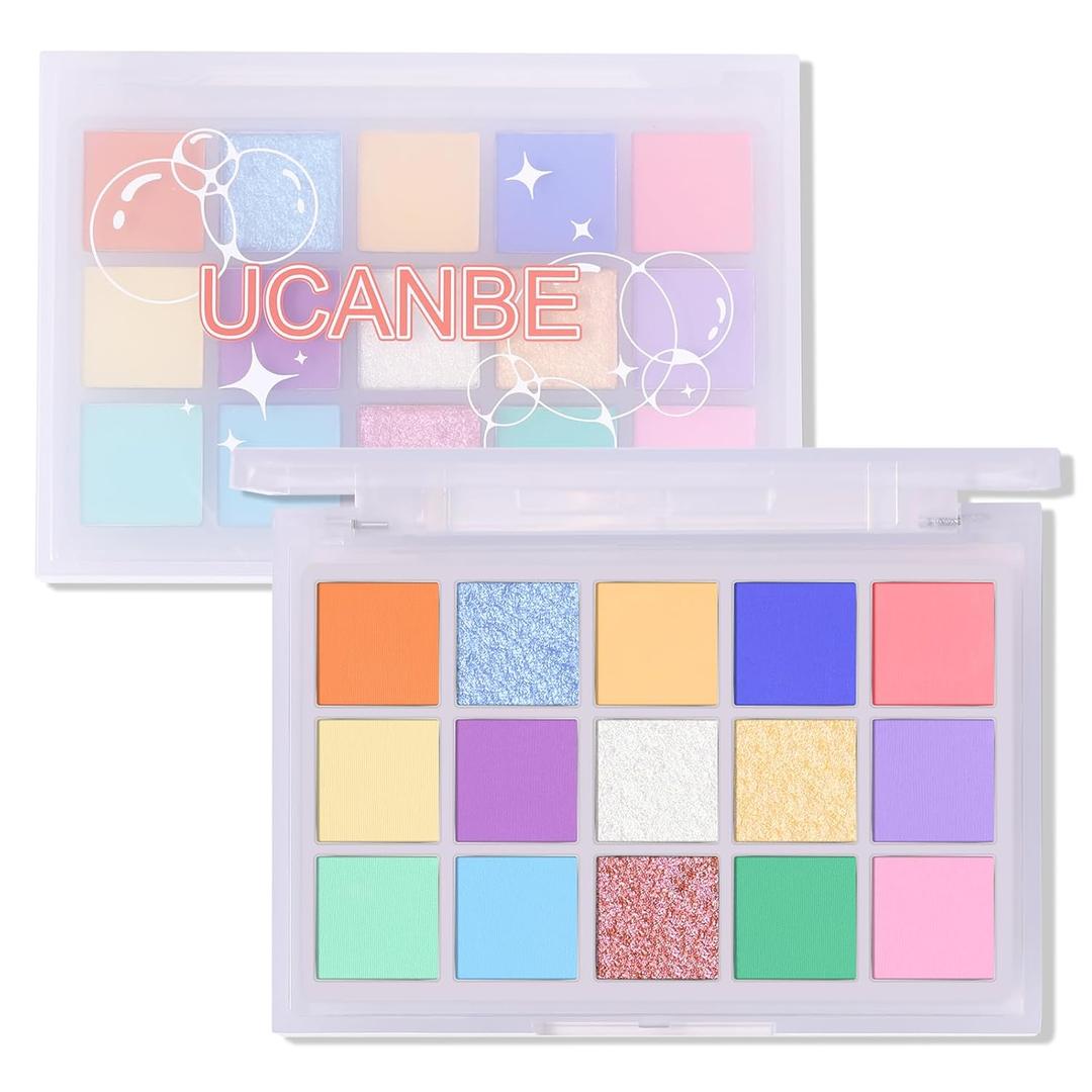 UCANBE Colorful Eyeshadow Palette  15 Colors Vibrant Matte, Dazzling Shimmer & Glitter Duochrome Finishes  Highly Pigmented, Blendable, Long-Lasting Pastel Rainbow Eye Makeup Pallet - Seaform Dreams