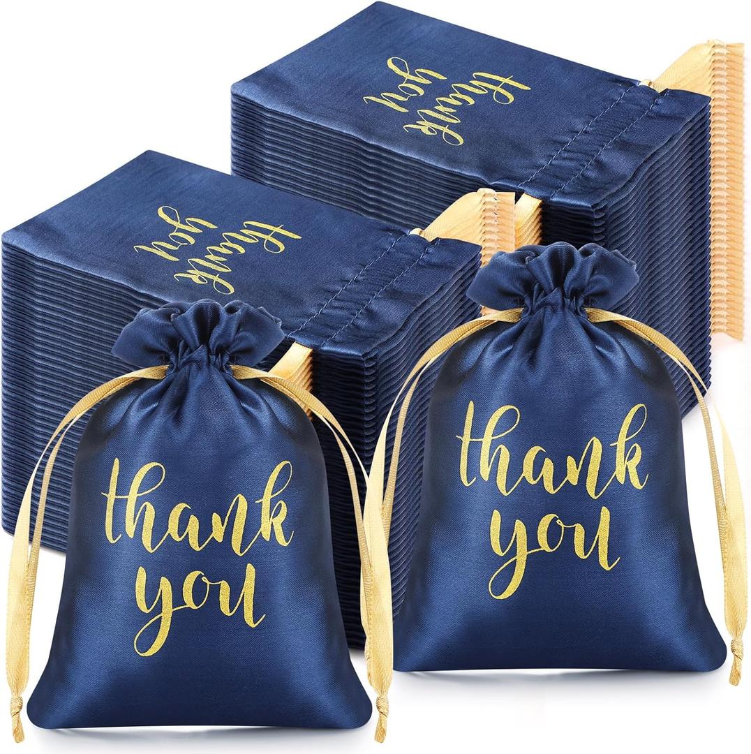 Roowest 100 Pcs Thank You Satin Gift Bags Drawstring Jewelry Candy Pouches for Wedding Bridal Shower Baby Shower Favor Drawstring Bag for Birthday Holiday Party (4 x 6 Inch, Navy Blue)