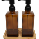 Modern soap Dispenser Set with Bamboo Base. Glass soap Dispenser with Stainless Steel Pump, Perfect for Kitchen Decor and Accessories. (Amber 2pack)
