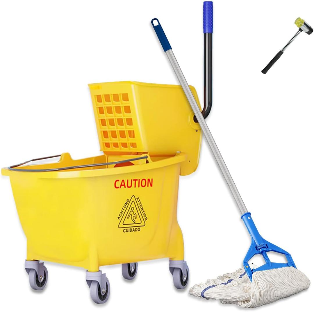 Commercial Mop Bucket with Side Press Wringer on Wheels,Industrial Heavy Duty Mop ldeal for Household and Public Places Floor,35-Quart(Yellow)