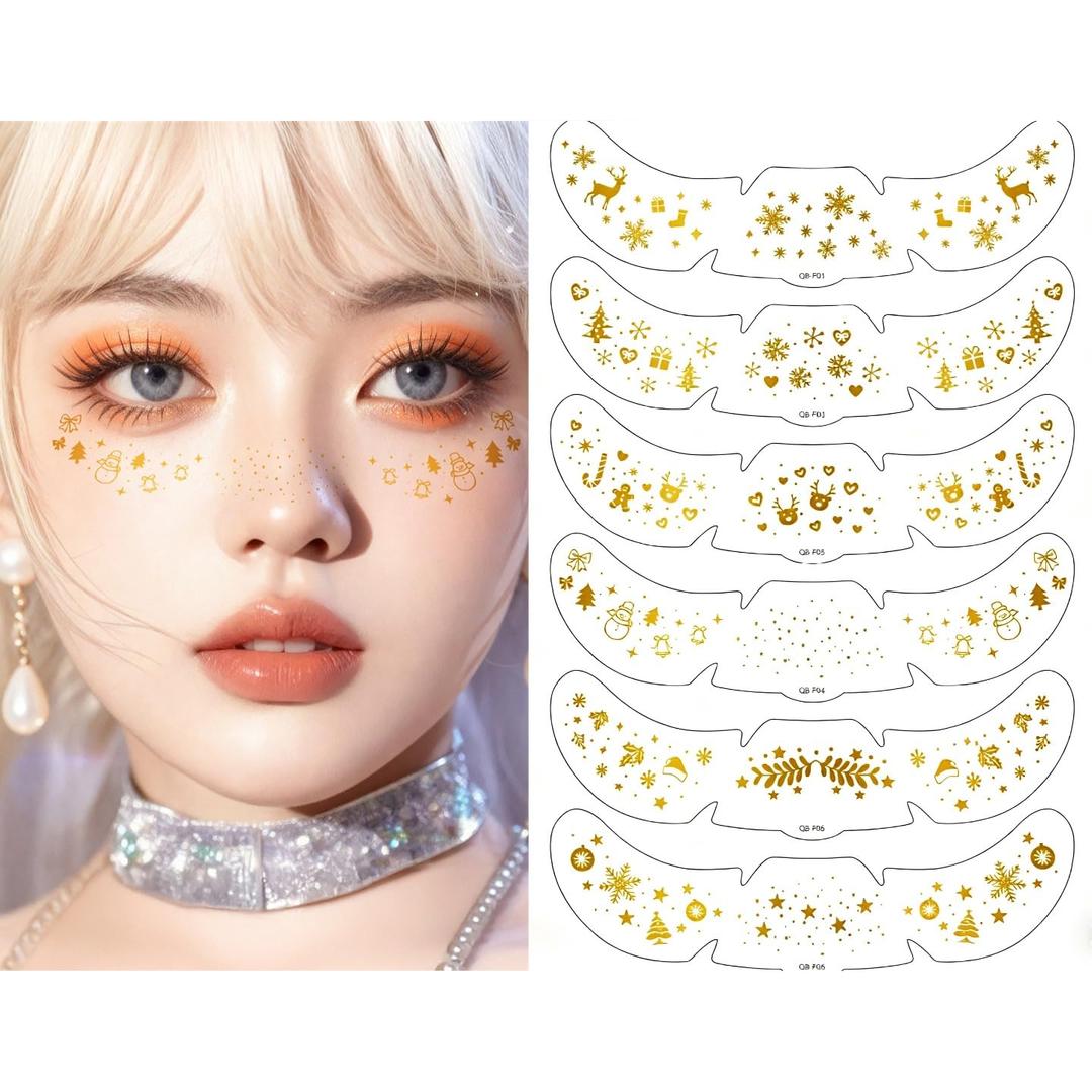 2 x Christmas Glitter Face Tattoo Gold Freckles Glow Up Makeup Patches, Glitter Makeup Accessories for Christmas Makeup Carnival Party, 6 Patterns