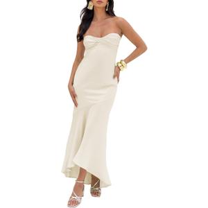 Summer Satin Tube Top Strapless Midi Dress for Women 2025 Formal Ruched Backless Wedding Guest Long Dresses (White, S)