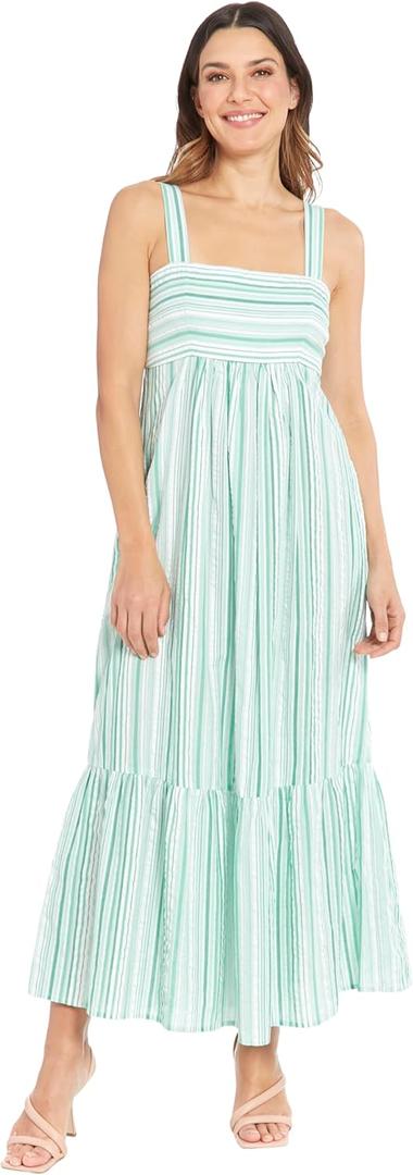 London Times Women's Cotton Smocked Back Babydoll Tiered Maxi Dress (12, Striped - Teal/White)