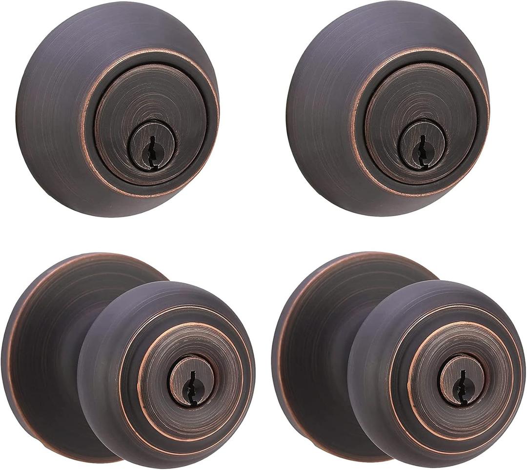 Amazon Basics Keyed Alike Exterior Knob with Key Lock and Deadbolt, Classic, Oil Rubbed Bronze, Set of 2 (2 Count (Pack of 1))