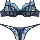 VORIXIA Lingerie Sexy Bra and Panty Set for Women See Through Sheer Underwear Cute Exotic Foral Embroidery Babydoll Suit (Small, Blackblue)