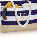 YOOLIFE Large Initial Beach Bag Waterproof Tote Zipper Bag Personalized Gifts for Women Her Birthday Travel Beach Essential (Dark Blue)