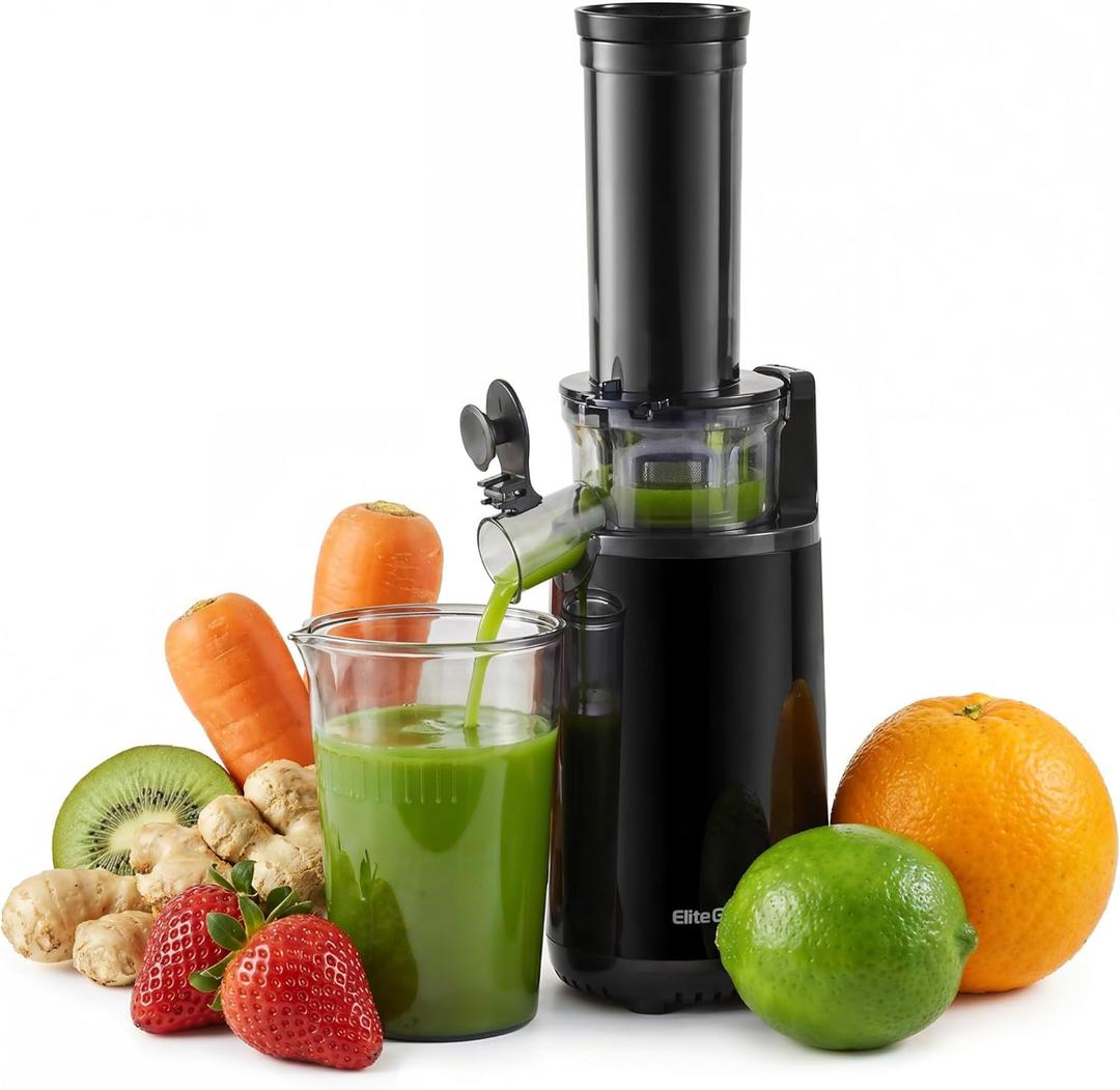 Elite Gourmet EJX600 Mini Compact Small Space-Saving Masticating Slow Juicer Cold Press Juice Extractor, Nutrient and Vitamin Dense, BPA-Free Tritan, Easy to Clean, 16 oz Juice Cup, Charcoal Grey (Black)