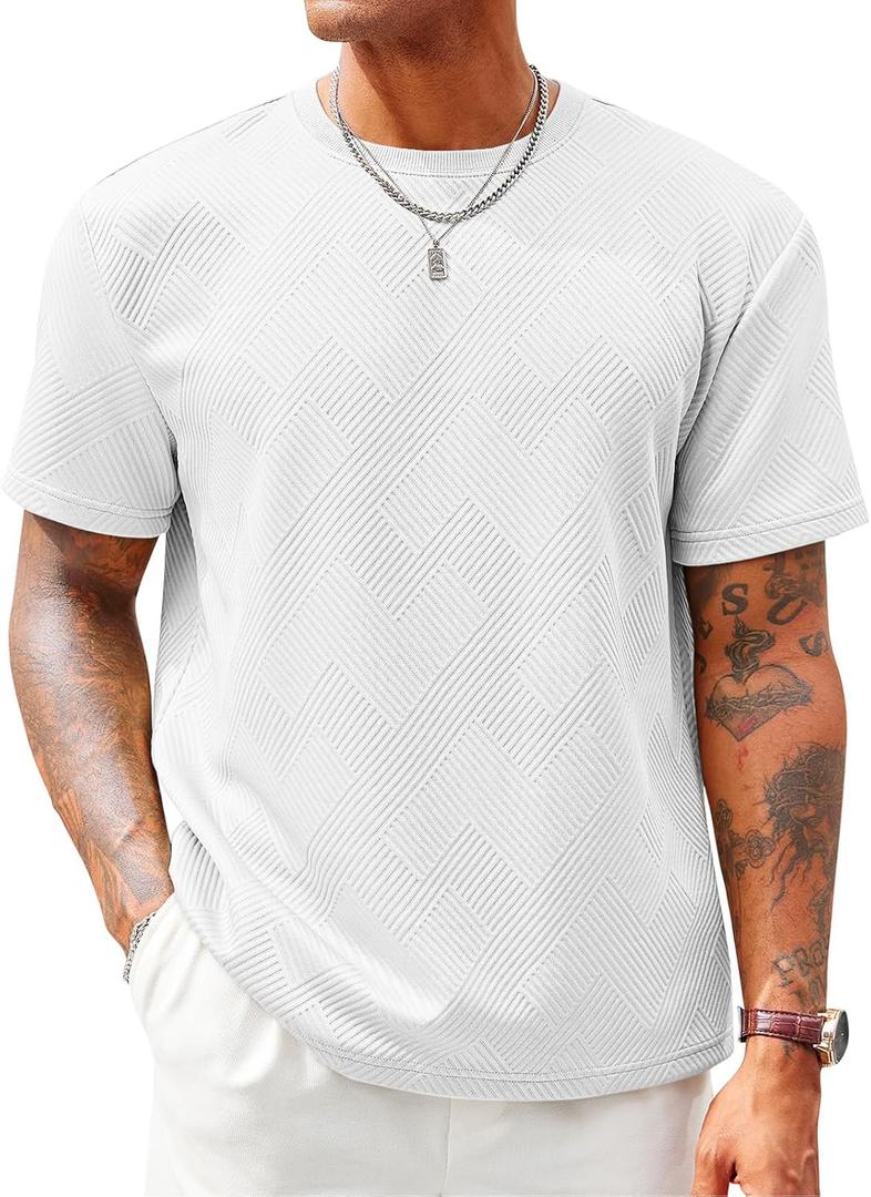 Runcati Men's Casual T-Shirts Short Sleeve Crewneck Summer Stretchy Shirt Textured Jacquard Tops (White, XXL)