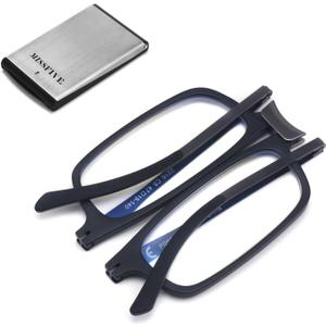 Missfive Premium Folding Reading Glasses Blue Light Blocking for Men Women, Ultra Thin Foldable Portable Travel Readers with Durable Pocket Metal Case, Black Lightweight Compact Eyewear 1.75x