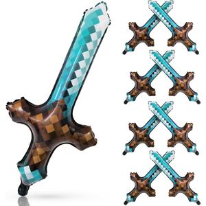 Cheerland Pixel Balloons Inflatable Sword Birthday Party Decorations Cosplay Theme Pixel Miner Mylar Foil Balloon Gaming Party Favors Baby Shower Kids Retro Gaming Bday Decor Event Supplies(Pack Of 8)