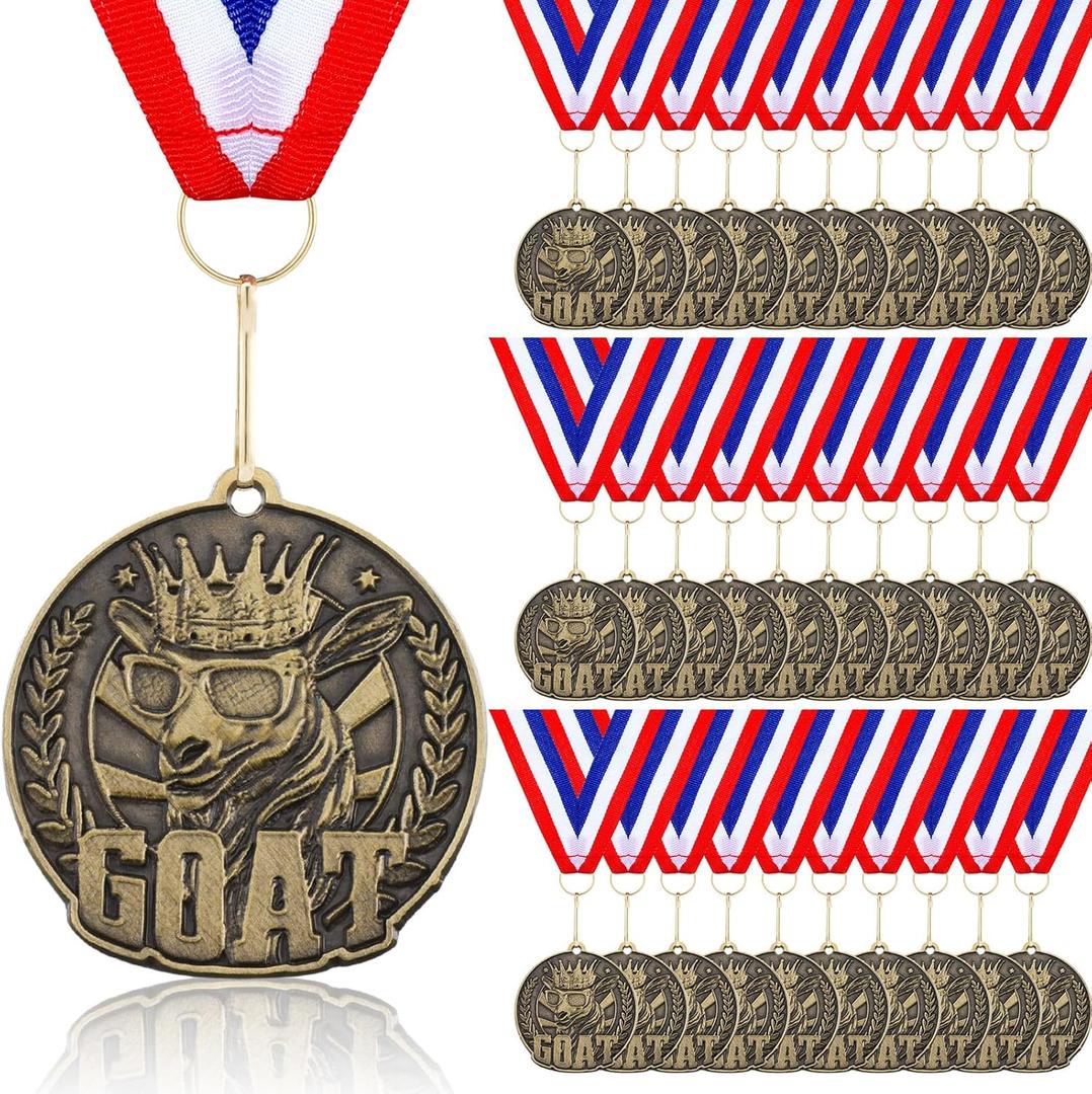 Quelay 30 Pcs Goat Medal Greatest of All Time Goat Pendant Champ Medal Funny Medals for Awards with Neck Ribbon Goat Award Necklace for Football Basketball Sports Tournament MVP Awards Collections