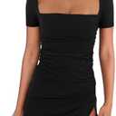 BEAGIMEG Women's Sexy Bodycon Short Sleeve Square Neck Side Slit Ruched Party Club Evening Mini Dress, S