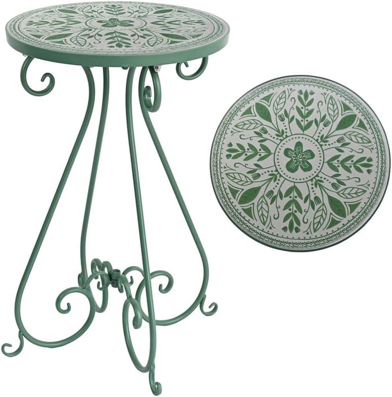 Vintage Outdoor Side Table Round Mosaic Ceramic Tile Top 14" Diameter Metal Plant Stand for Flower Pots Vase Garden Home Porch Pool Indoor Decor Weather Resistant Outside Patio Accent End Furniture, 14" diameter x 22.44" H