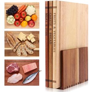 Book Cutting Board Set - Food Safe, Non-Slip Chopping Boards for Kitchen Organization and Stylish Serving,Acacia Wood