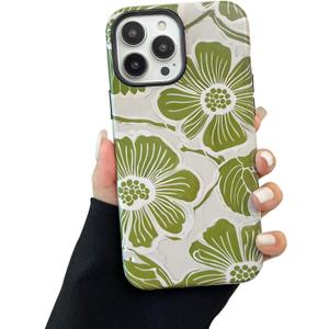 Compatible for iPhone 16 Plus Case, Cute Green Flowers Pattern Case for Women, with Shockproof Soft TPU and Hard PC 2-Layer Protective Cover Designed for iPhone 16 Plus 6.7"-Green