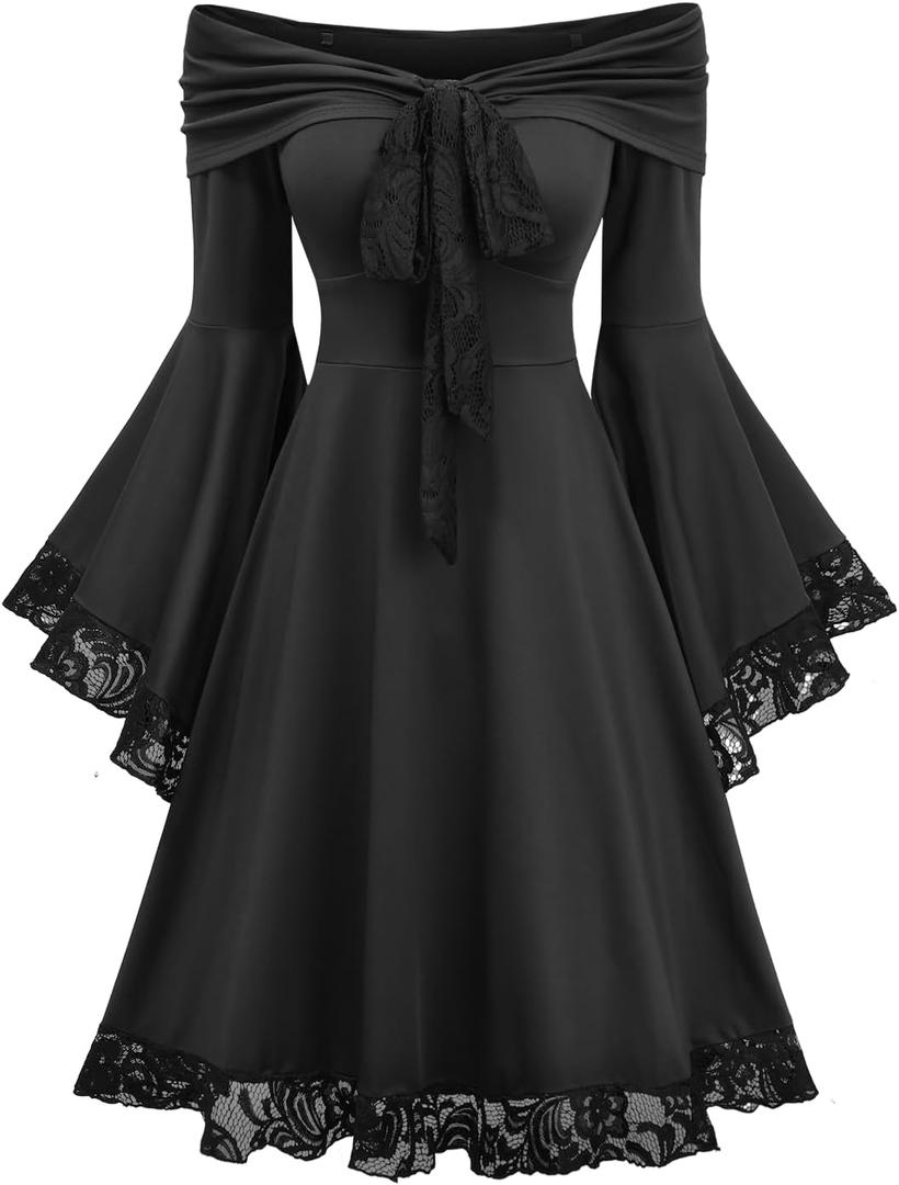 DRESSFO Women's Gothic Off Shoulder A-Line Mini Dress with Lace Trim and Flare Sleeves (Medium)