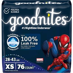 Goodnites Boys' Nighttime Bedwetting Underwear, Size Extra Small (28-43 lbs), 76 Ct (2 Packs of 38)