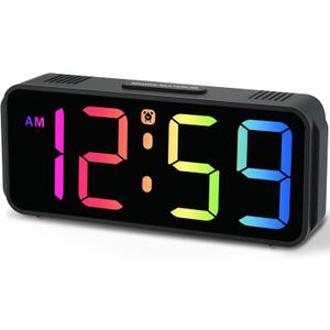 Peakeep Small Tiny Digital Alarm Clock Plug in for Kids Bedroom Bedside Nightstand, RGB Colorful Changing Large Display for Travel, Dimmable 6 Brightness, Corded Electric Battery Backup (Black - RGB)