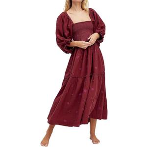 Women Floral Embroidered Maxi Dress Long Puff Sleeve Square Neck Bohemian Flowy Dress with Pockets Summer Fall (Medium)