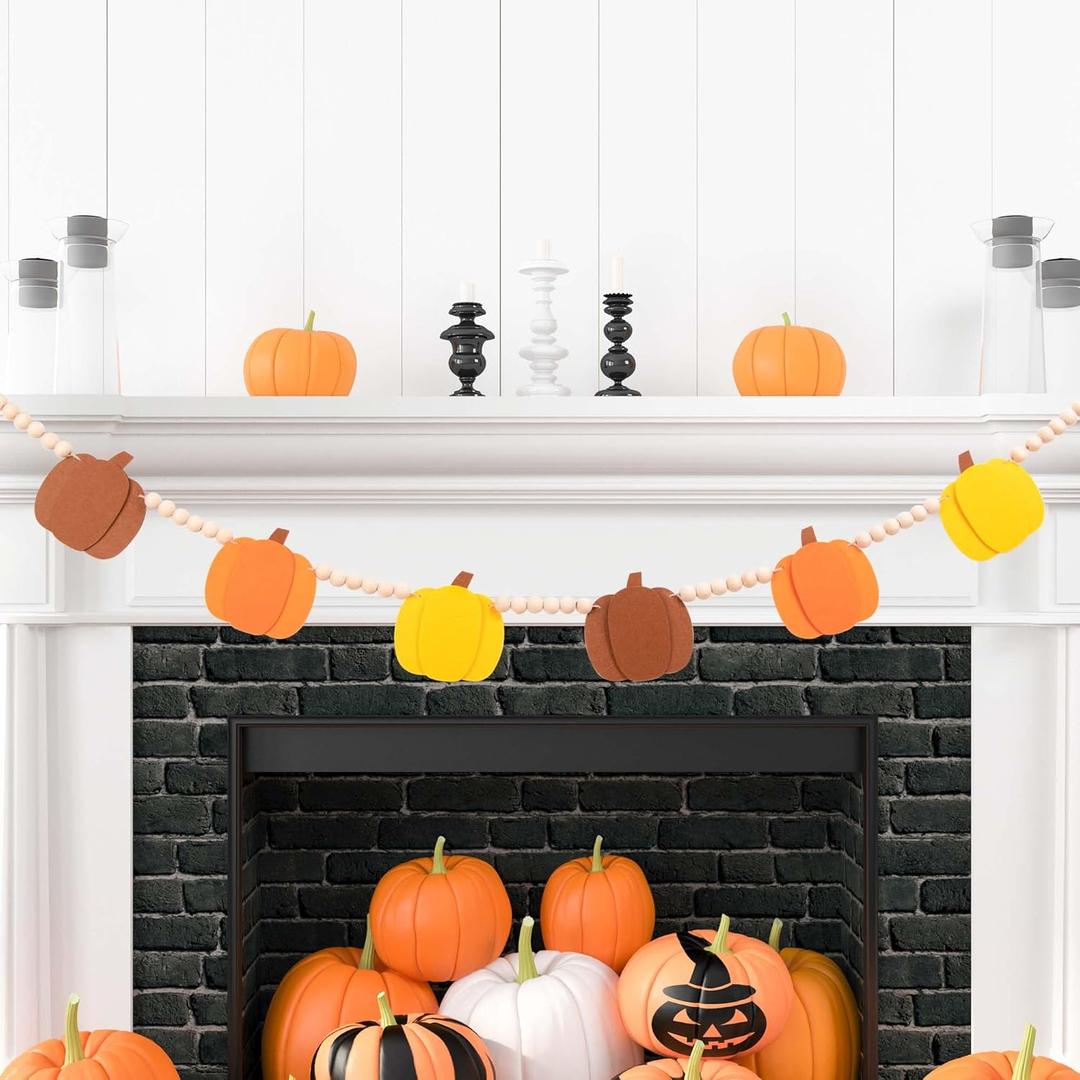 2 x YUNAI Pumpkin Halloween Garland, Wooden Beads & Felt Pumpkin Decor, Thanksgiving & Christmas Fall Decor, 2