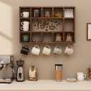 Cinnvoice Oversize Coffee Mug Display Shelf for Wall Wood Coffee Mug Rack Wall Mounted Shelf Cubes Cup Hooks Hanger with Bar Sign Decor for Kitchen Station Bar Accessories(Rustic Brown)