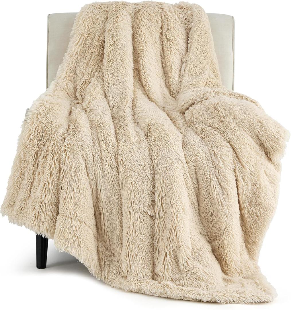 Bedsure Fuzzy Sherpa Faux Fur Twin Blanket Beige Cozy Gifts for Women Men, Soft Fleece Plush Warm Minky Thick Blanket Twin Size for Bed, Couch, Room Decor Dorm Essentials Beige Decor Gifts, 60x80