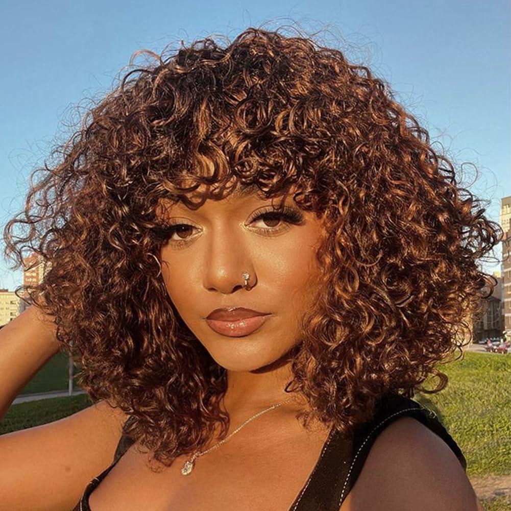 Short Curly Wig with Bangs Human Hair for Women Ombre Brown 10 inch Short Water Wave Curly Bob Wig Glueless Wig 150% Density (Color: TT1B/33)