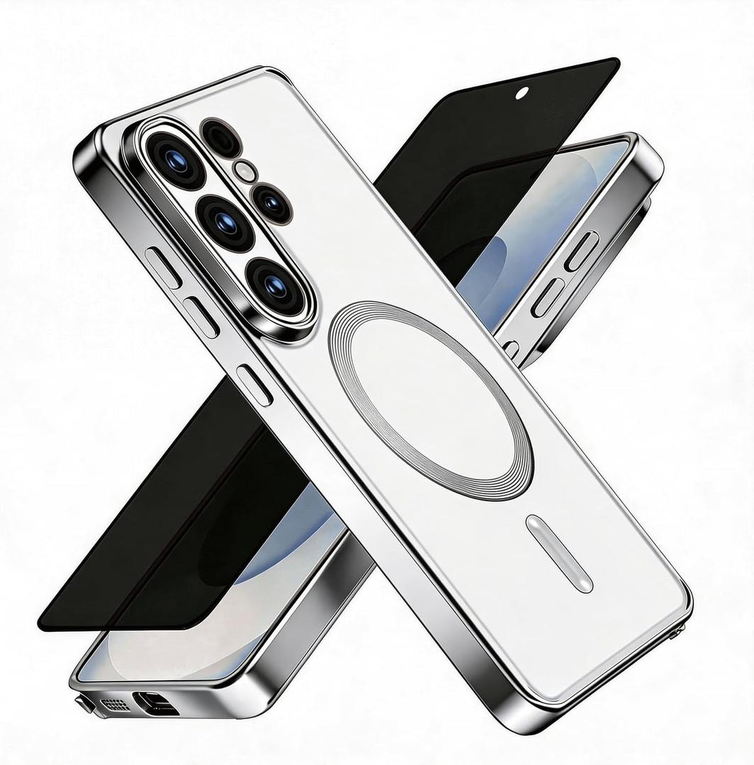 Misscase for Samsung Galaxy S26 Ultra Case with Privacy Screen Protector,[Camera Lens Protector] Clear Magnetic Luxury Plating Case Compatible with MagSafe Elegant Anti-Scratch Case Cover Silver