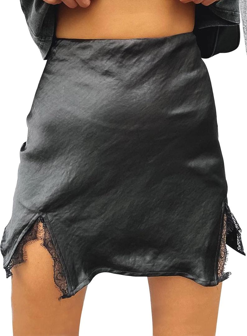 LYANER Women's Satin Silky Lace Trim Split Slit Hem Zipper High Wasit Mini Short Skirt (Large)