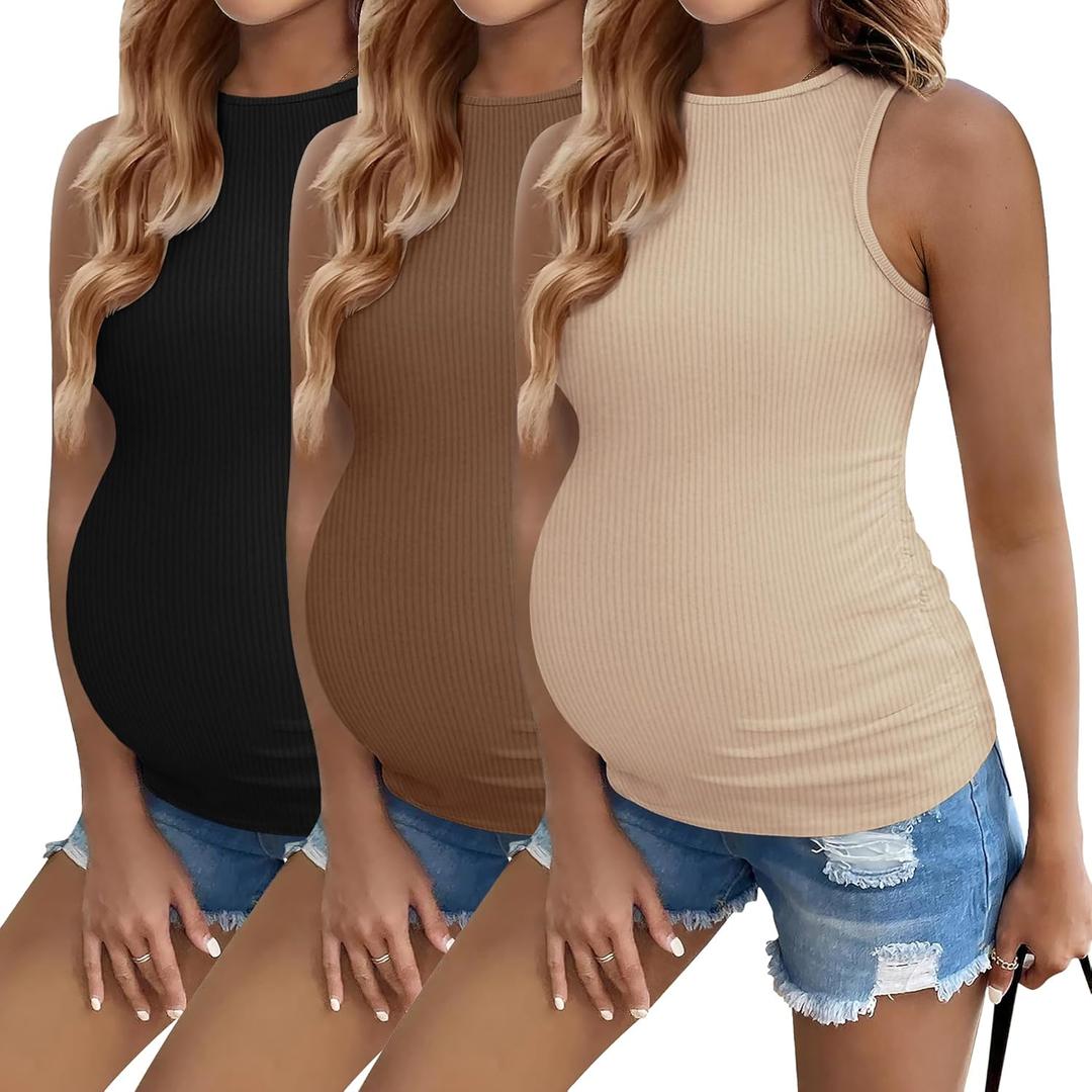 Ekouaer Women Maternity Tank Tops 3 Packs Crew Neck Ribbed Pregnancy Shirts Mama Clothes (Brown, S)