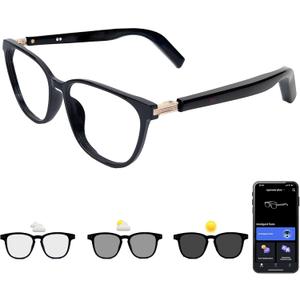 Smart Glasses with Photochromic Lenses for Men and Women AI Translation Smart Glasses with Translator 164 Languages IP67 Waterproof Bluetooth Glass Blue Light Protection (KM02_Black)