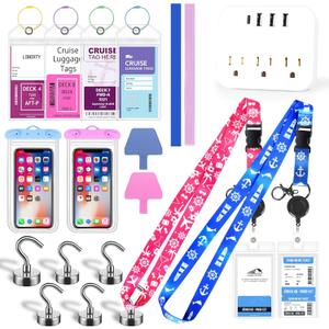 Cruise Essentials 2026, Cruise Must Haves Including Non-Surge Power Strip, Magnetic Hooks, Cruise Luggage Tag Holder, Lanyard Holder, Towel Bnad, Phone Pounch, Phone Patches - Travel Essentials (Pink + Light Blue)