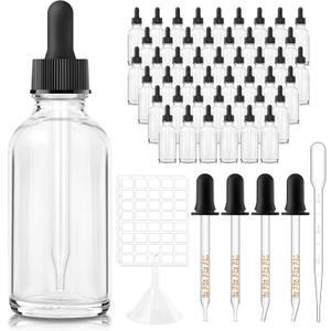 Bumobum 48 Pcs, 2 oz Clear Glass Dropper Bottle with 4 Extra Glass Dropper, 1 Funnel, 1 Pipette, 80 Labels, 60ml Travel Bottles for Essential Oils, Perfume, Hair Oil, Liquids - Leakproof