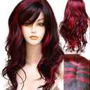 Short Curly Wig with Bangs Synthetic Long Hair Wavy Red Mixed Black Wigs Party Cosplay Costume Halloween Wig Resistant Fiber Hair for Women Girls