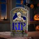 Halloween Decoration Indoor 7.6 Tombstone Statue with LED Lights Spooky Skull Head Gravestone Skeleton RIP Lighting Changes Halloween Village for Table Shelf Home Party Outdoor Decor Gifts (Gray)