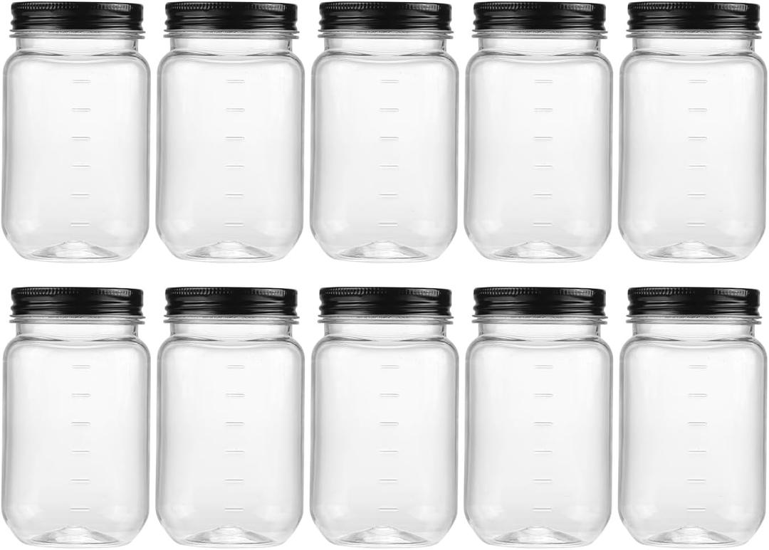 Novelinks 16 oz Clear Plastic Jars with Lids, Refillable 16oz Mason Jars with Lids & Storage Containers for Kitchen & Household Use (10 Pack,Black)