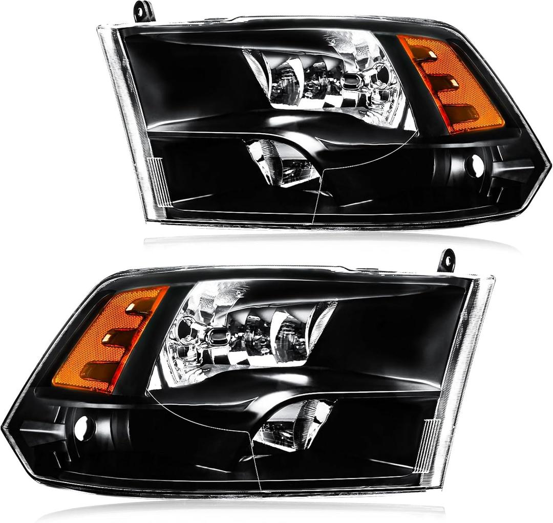 Headlight Assembly, Compatible with 2009-2018 Dodge Ram 1500/2010-2018 Ram 2500 3500 4500 5500(Only fit factory quad beam halogen headlights) Black Housing Amber Reflector