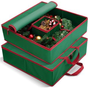 MaidMAX Christmas Wreath Storage Container 30 inch, Hard Shell Wreath Storage Bag with Inner Pocket, Sturdy Handles and Zippers, 600D Oxford Holiday Ornament Wreath Storage Box (GREEN, 2pcs)