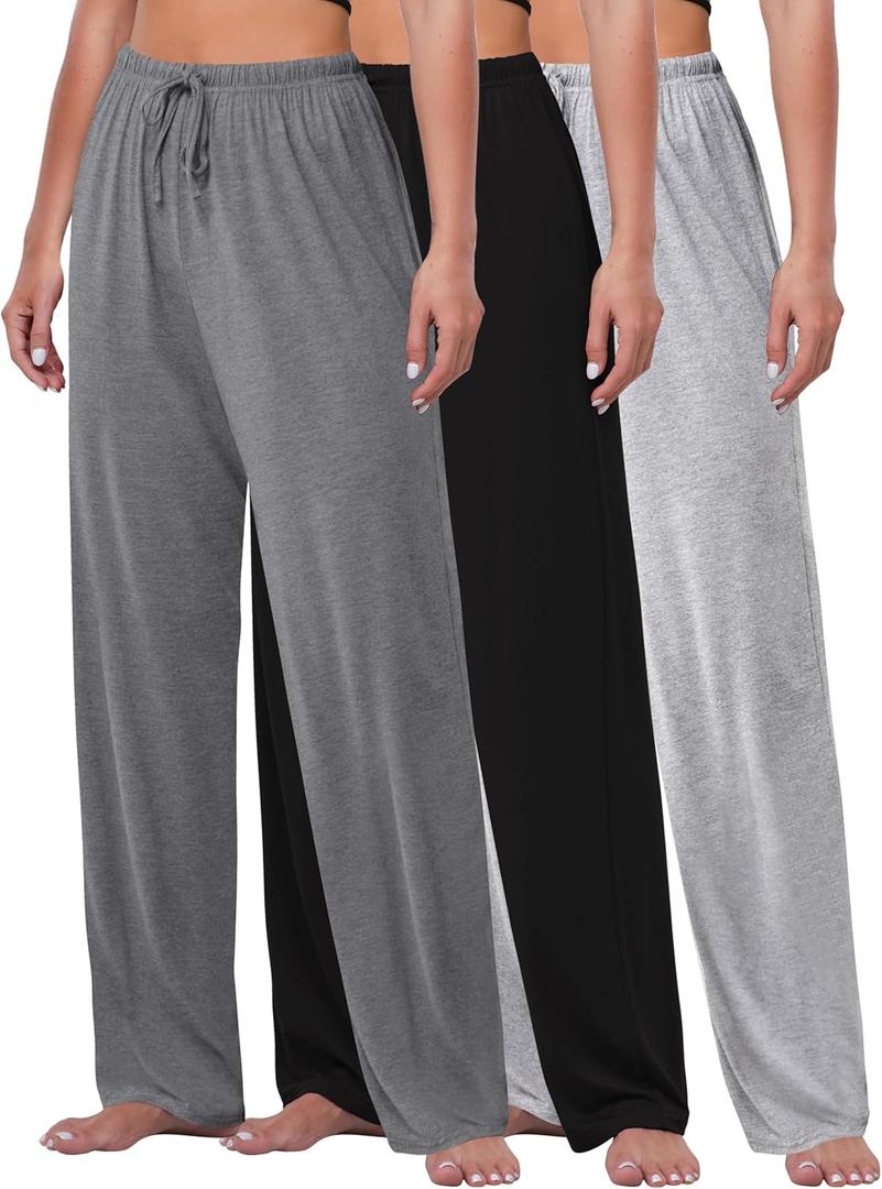 FEQO 3 Pack Women's Lounge Pants Wide Leg Yoga Pants Soft Pajama Bottoms Drawstring Casual Loose Sweatpants (Medium, Black, Dark Gray, Gray)
