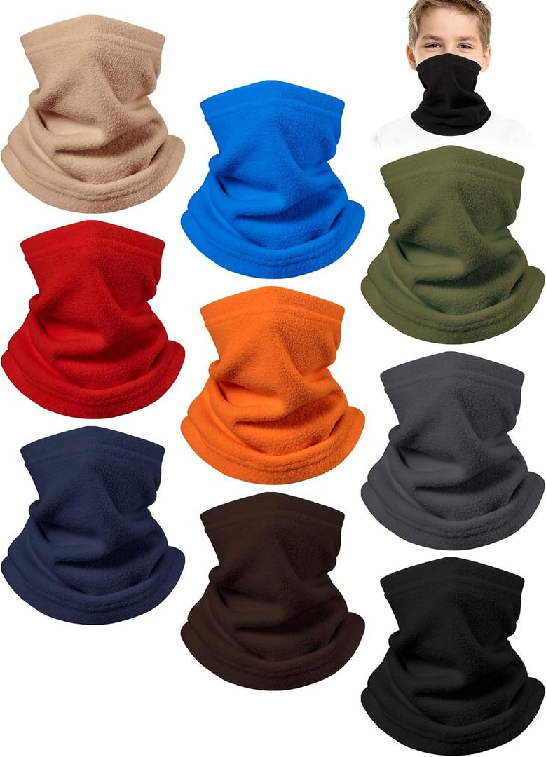 9 Pieces Kids Neck Warmer Winter Fleece Neck Gaiter Kid Tube Scarf Balaclava for Winter Sports (Dark Color)