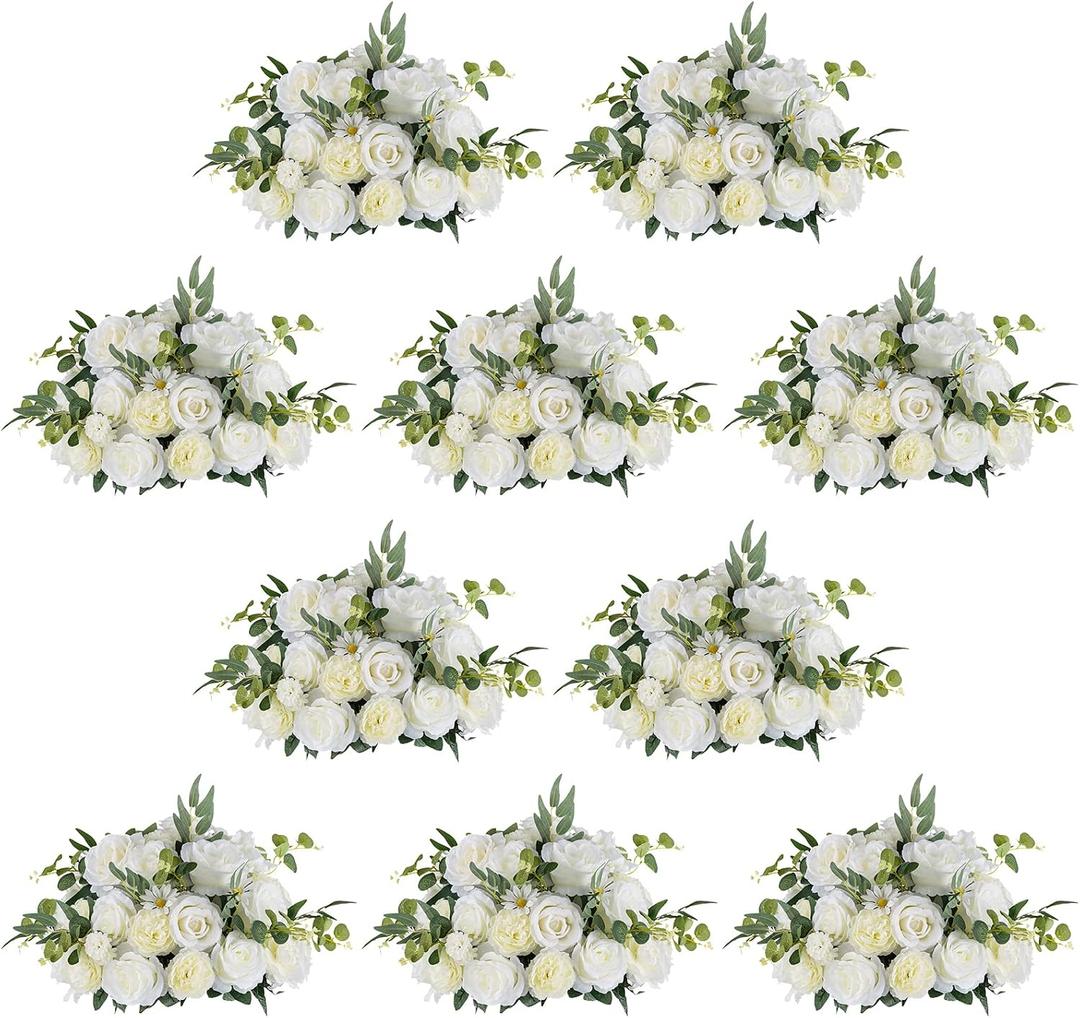 NUPTIO Large Flower Centerpieces for Tables: 17.7 inch Diameter White Artificial Flower Ball Arrangement 10 Pcs for Wedding Party Centerpiece - Fake Floral Rose for Bridal Shower Decorations