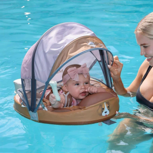Mambobaby Float with Canopy Baby Float Non Inflatable for Pool, Upgraded Tail Baby Swim Float Soft Skin-friendly Material Infant Swimming Float Air Free Smart Trainer for Aged 3-24 Months, Puppy Brown