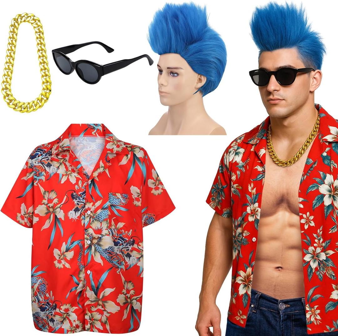 JenPen 4 Pcs Halloween Men's Anime Cosplay Set Including Blue Wig, Shirt, Necklaces and Sunglasses for Robotic Punk Costume (X-Large)