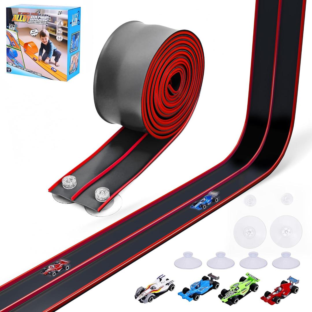 Flexible Race Car Track for Kids 15 Ft Flex Tracks Starter Set Compatible with Diecast 1/64th Cars Portable Rolls Up Race Tracks with Strong Suction Cups Birthday Gifts for Boys Girls Ages 3+ (Black Red)