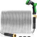 Metal Garden Hose 100Ft Stainless Steel Water Hose Heavy Duty with 10 Way Nozzle-Flexible Lightweight Durable No Kink & TangleStrong 3/4 Solid Metal Fitting a Stop Valve for Outdoor Yard (Silver)