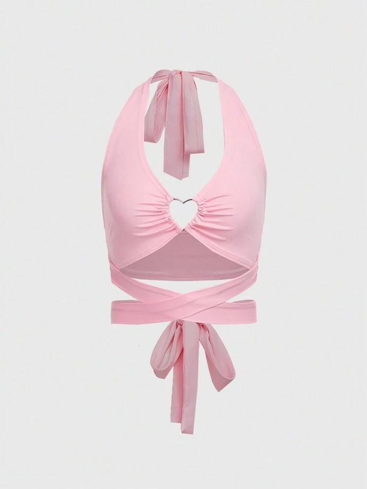 Kawaii Sexy Holiday Knit Heart Metal Ring Tie Bow Spaghetti Strap Camisole For Women - Small